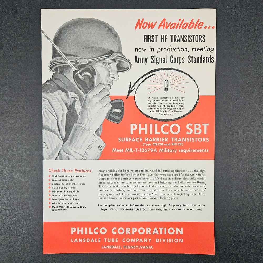 1956 Philco SBT Surface Barrier Transistors Vintage Print Ad Lansdale PA Tube Co